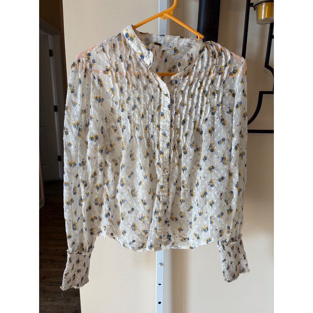 Free People Floral Pintuck Blouse White Blue Yellow Smocked Cuff Top Small